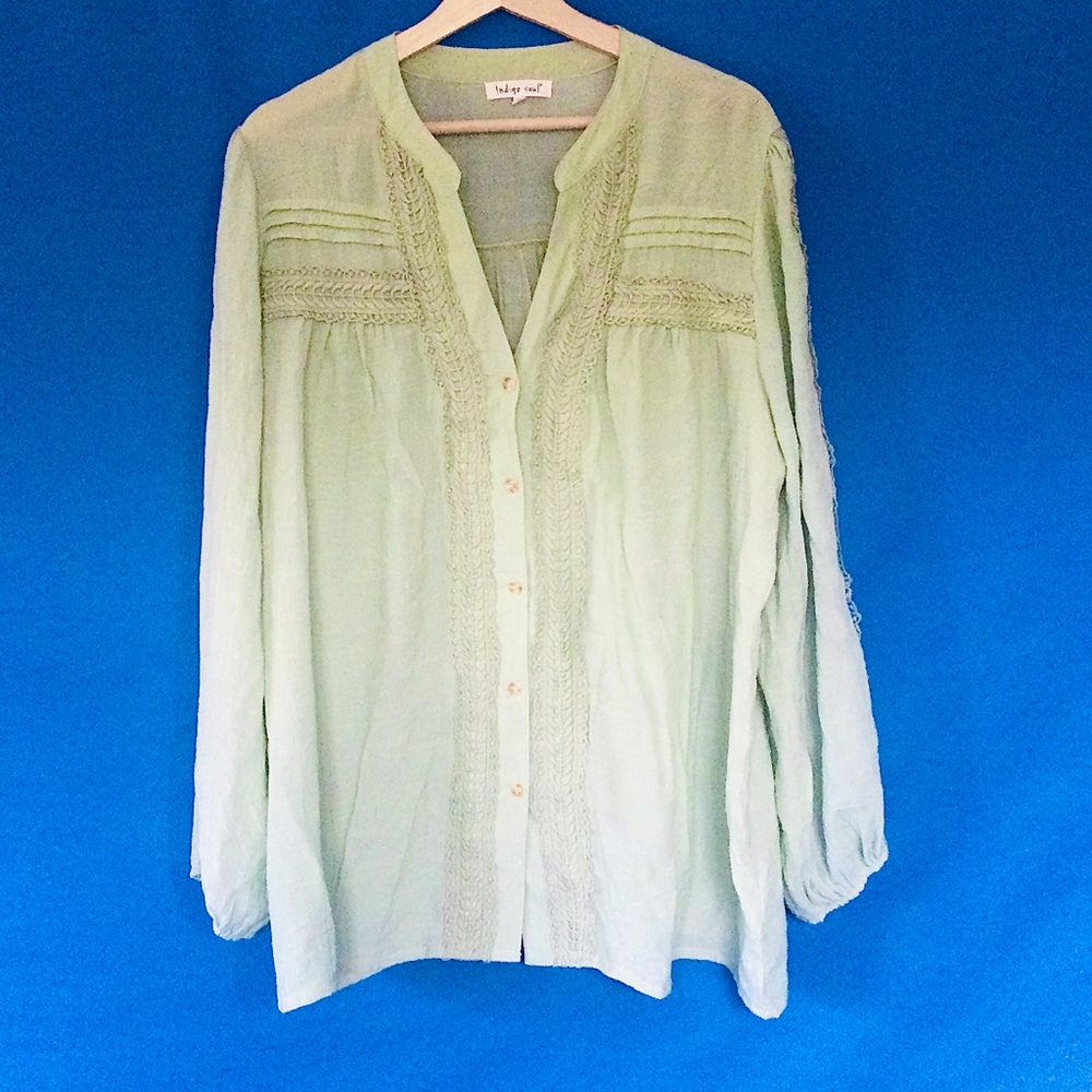 Indigo Soul 2X Mint Green Lace Crochet Accent Tunic Blouse Boho Rayon Blend